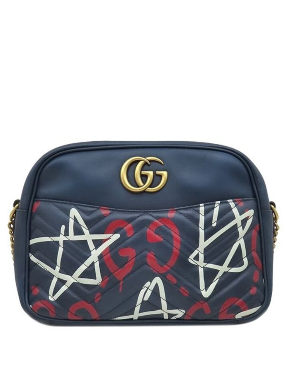 Gucci Shoulder Bag GG Marmont Ghost Chain Leather Chevron Quilted Navy Matte